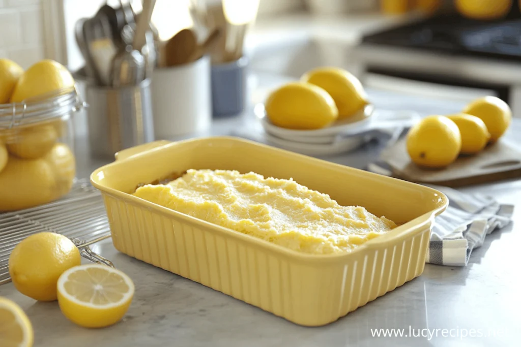 A yellow baking dish filled with a creamy Lemon Pound Cake, surrounded by fresh lemons on a marble countertop in a bright kitchen.