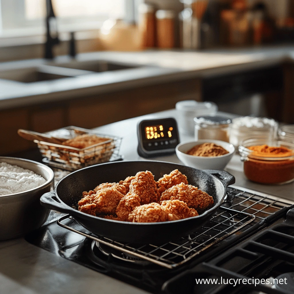 Perfect Crispy Chicken freshly fried in a cast-iron skillet, surrounded by bowls of flour, spices, and seasoning, set in a cozy kitchen with natural lighting.