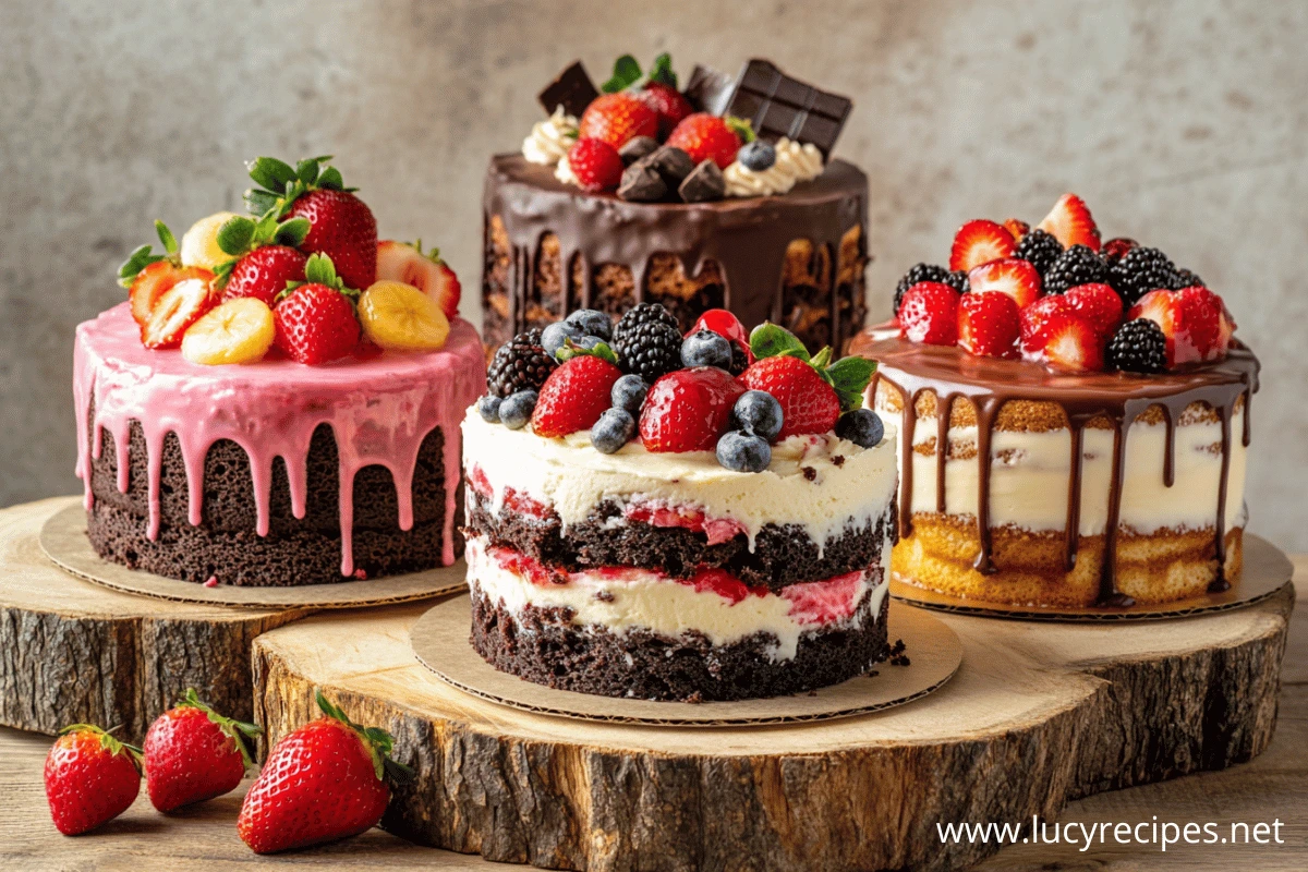 A vibrant assortment of cakes featuring chocolate, fresh berries, and colorful frosting, placed on rustic wooden stands.