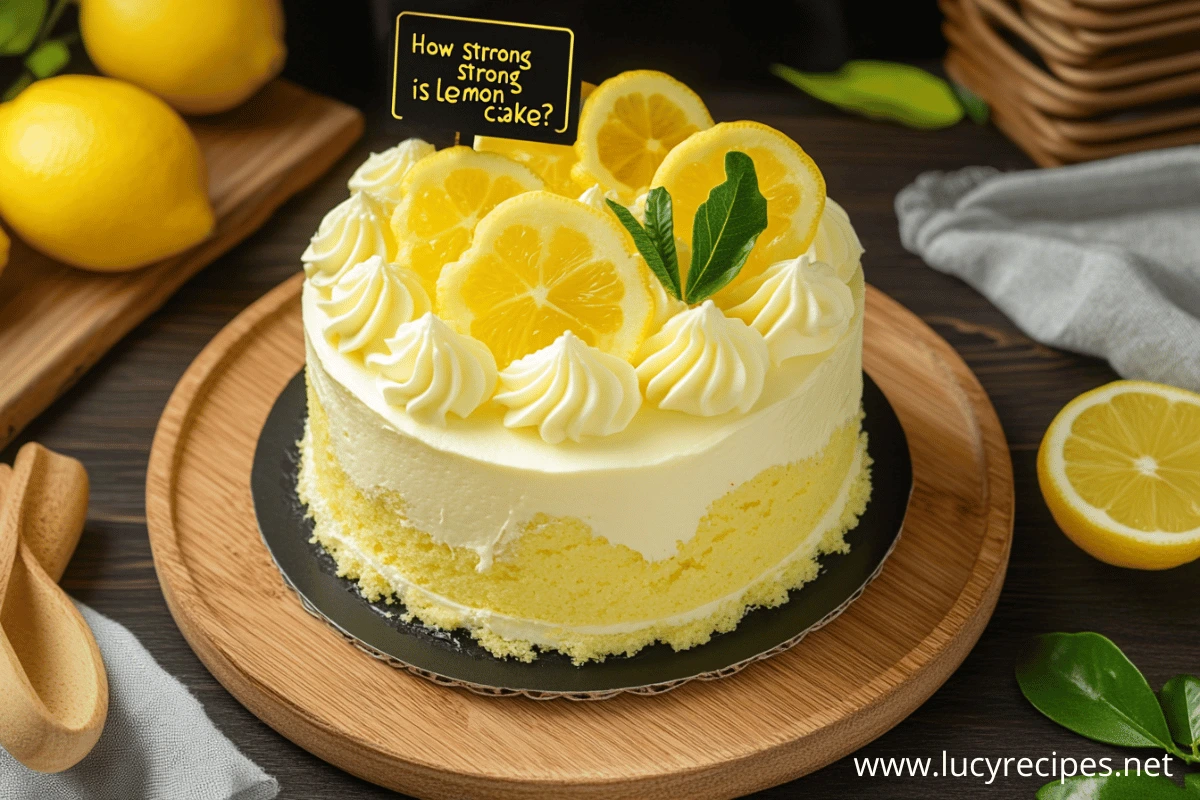 A delicious lemon cake topped with whipped cream, lemon slices, and a sprig of greenery, presented on a wooden platter.