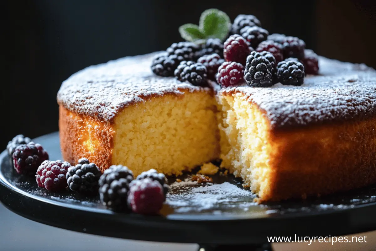 A moist lemon cake topped with powdered sugar and garnished with fresh blackberries and raspberries.