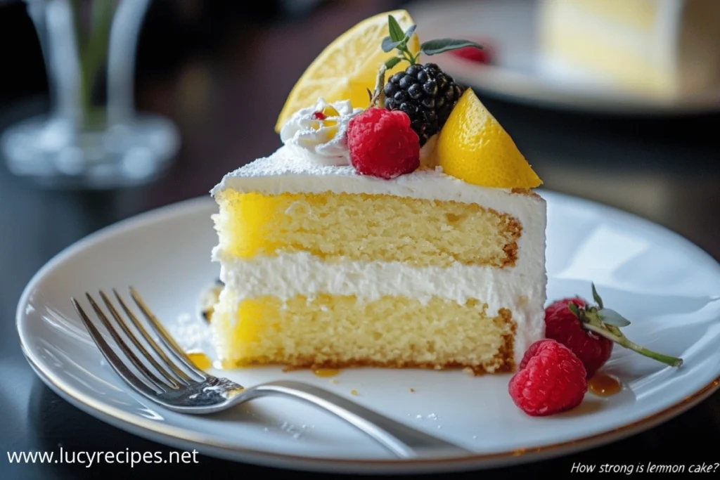 A slice of lemon layer cake with whipped cream, garnished with fresh raspberries, blackberries, and a lemon wedge, served on a white plate with a fork.