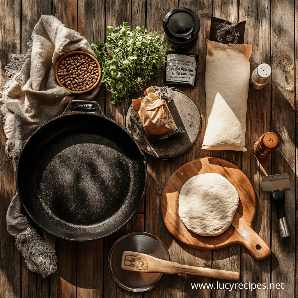 Can you make pizza on a Traeger? A rustic wooden table displays fresh pizza-making ingredients, including dough on a wooden board, a cast iron skillet, flour, herbs, and spices, all arranged in warm natural light.