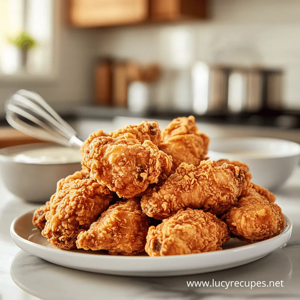 A plate of crispy, golden fried chicken wings with a textured coating, highlighting the comparison of Flour vs Cornstarch for Crispy Chicken. A whisk and dipping sauce are in the background.