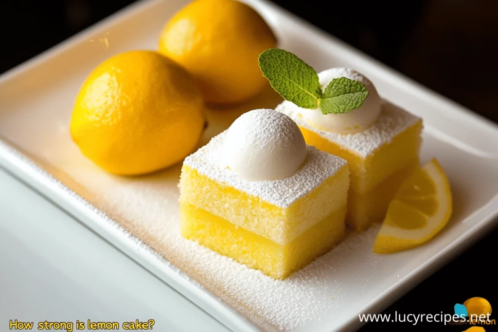 Two lemon cake squares dusted with powdered sugar, topped with whipped cream and mint leaves, served with fresh lemons on a white plate.