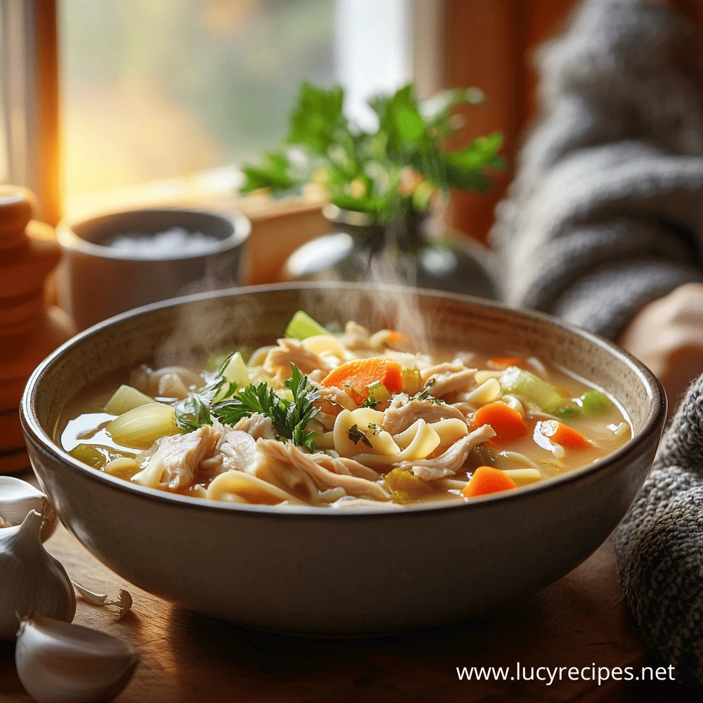 A steaming bowl of homemade chicken noodle soup with tender shredded chicken, egg noodles, carrots, celery, and fresh herbs, served in a cozy setting. Why does chicken noodle soup help sore throat?