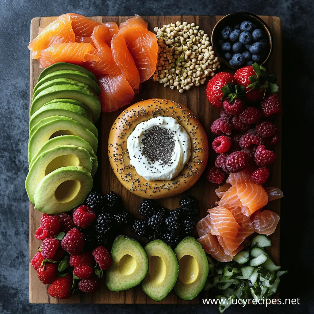 A beautifully arranged breakfast board featuring a bagel with cream cheese, chia seeds, smoked salmon, fresh avocado slices, mixed berries, buckwheat, and cucumbers. Is A Bagel With Cream Cheese Healthy?