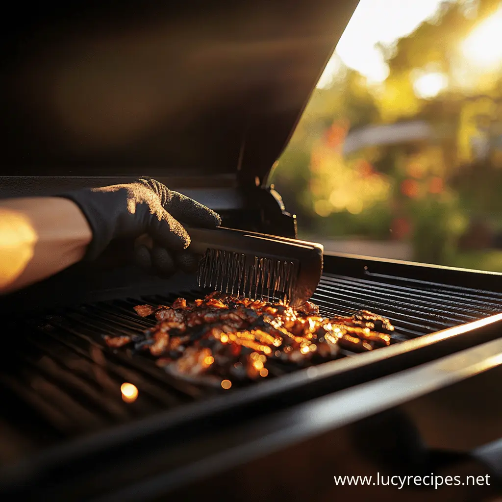 A person wearing a grilling glove uses a scraper to clean the Traeger grill grates after cooking smoky, glazed BBQ meat. What is the best thing to cook on the Traeger?