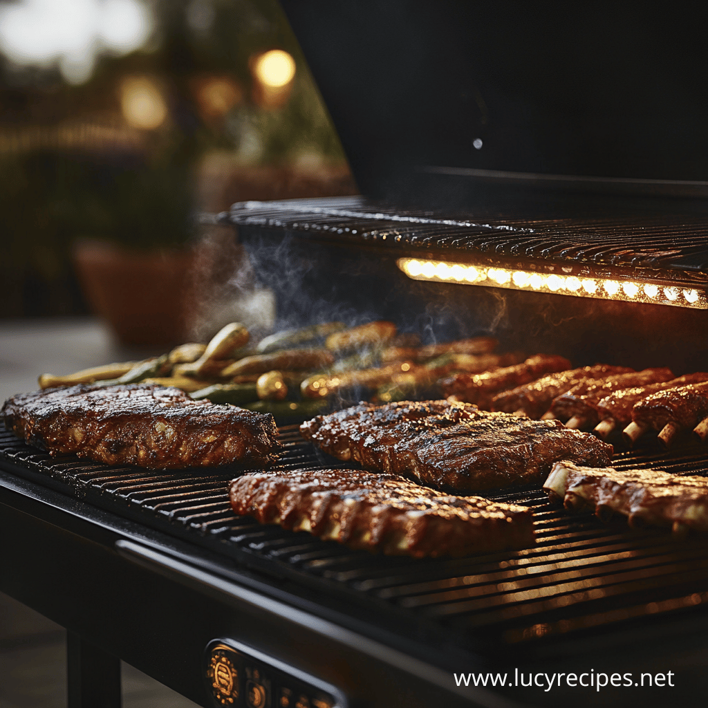 Does a Traeger replace a BBQ? A high-end pellet grill filled with slow-cooked ribs, juicy steaks, and fresh vegetables, illuminated by built-in lights for the perfect grilling experience.