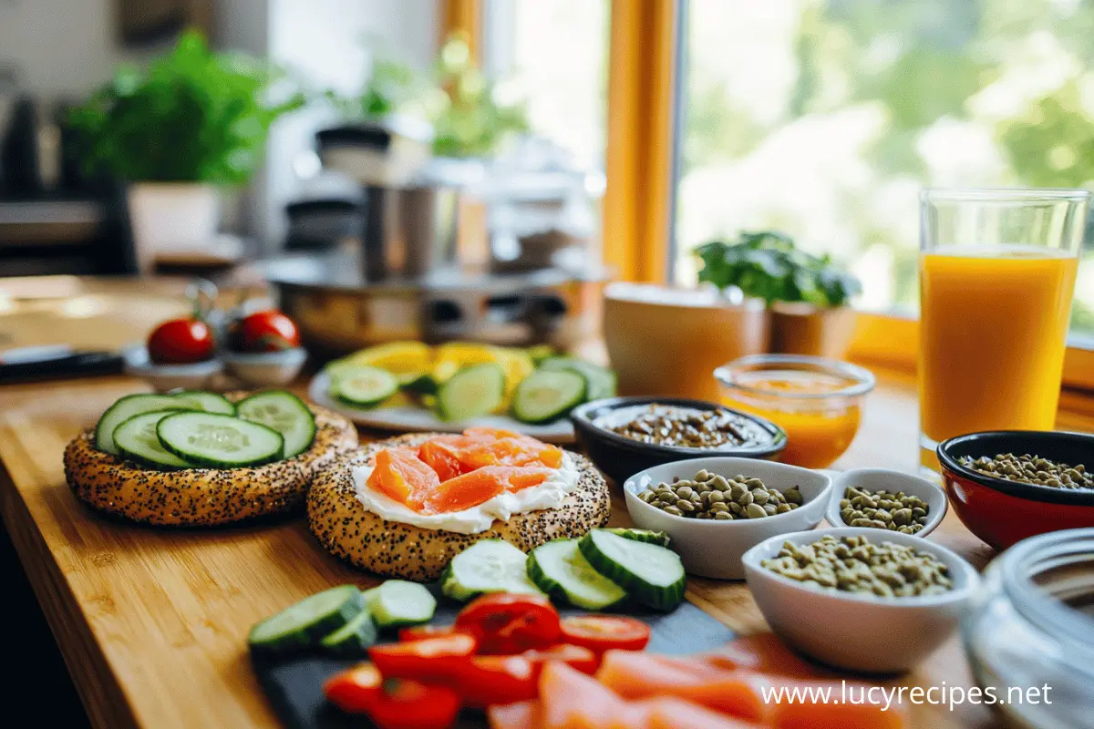 A beautifully styled breakfast table featuring a sesame bagel topped with cream cheese, smoked salmon, and cucumber slices, surrounded by fresh ingredients like tomatoes, cucumbers, seeds, and a glass of orange juice in a cozy kitchen setting.