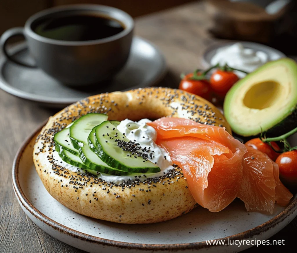 A poppy seed bagel with cream cheese, smoked salmon, sliced cucumber, and a side of avocado and cherry tomatoes. Does cream cheese taste good on a bagel?