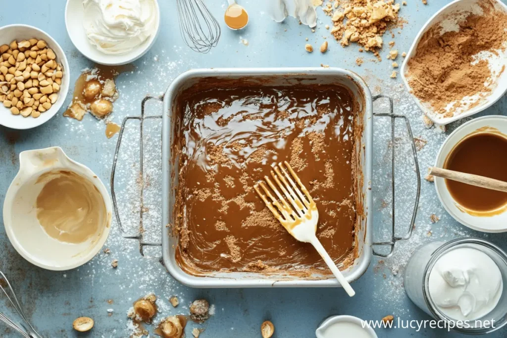 A baking scene featuring a square pan filled with a Pumpkin Caramel Poke Cake, surrounded by ingredients like whipped cream, caramel sauce, nuts, and crumbled cookies, set on a blue surface dusted with powdered sugar.