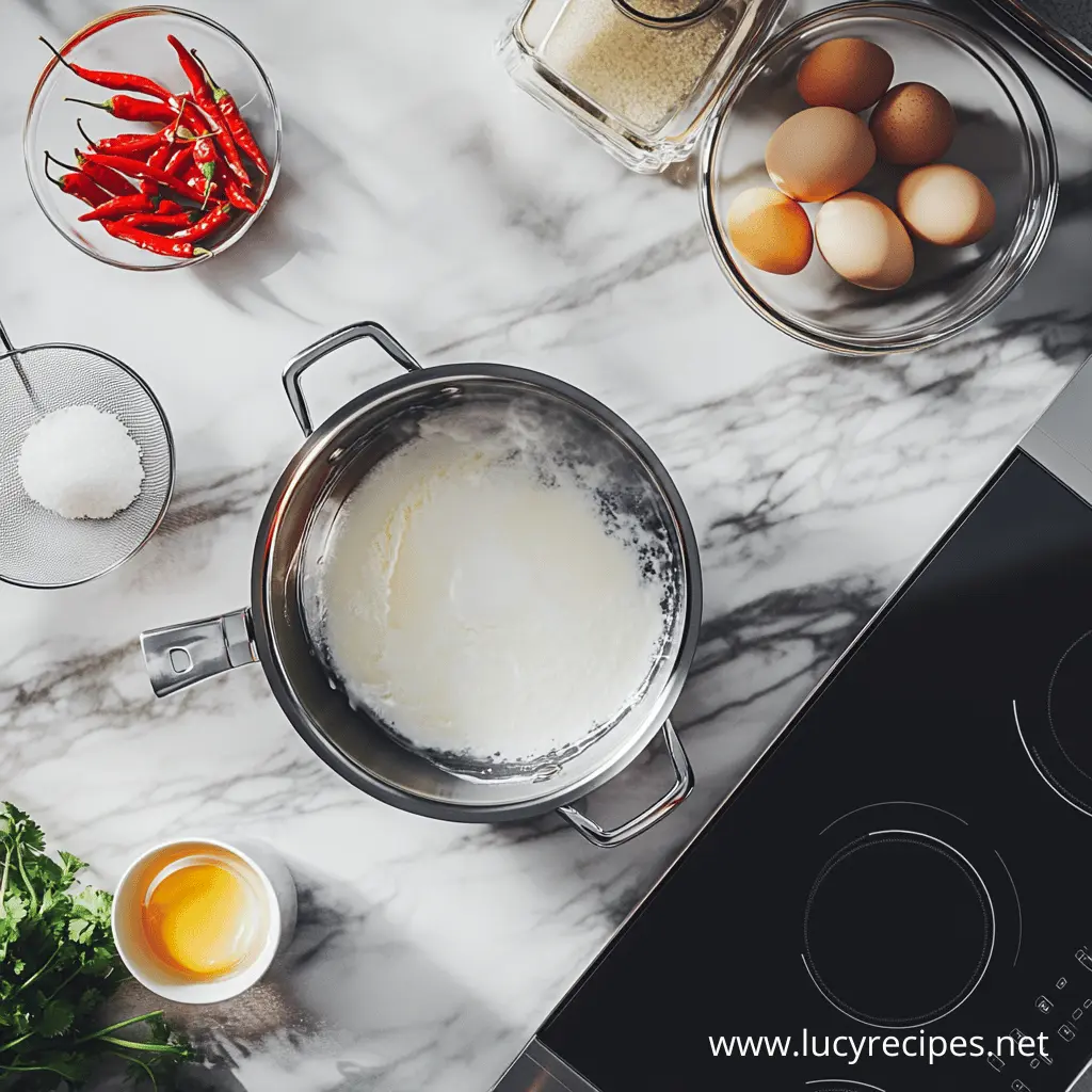 A top-down view of chili ice cream ingredients, including milk heating in a pot, eggs, sugar, red chili peppers, and salt, arranged on a marble countertop.