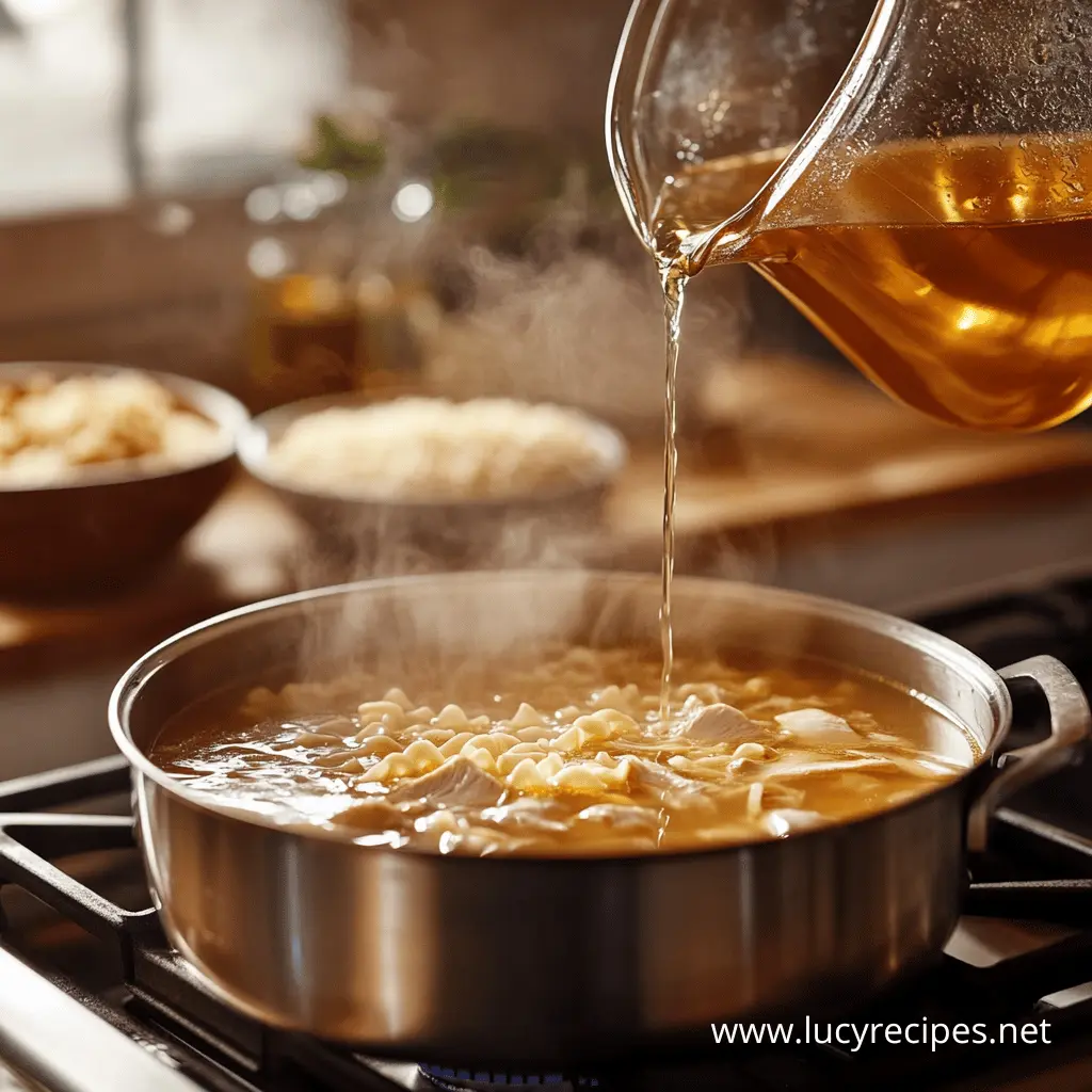 A pot of homemade chicken noodle soup on the stove, with golden broth being poured in. This flavorful broth, rich in natural gelatin, raises the question: Why is my chicken noodle soup jelly?