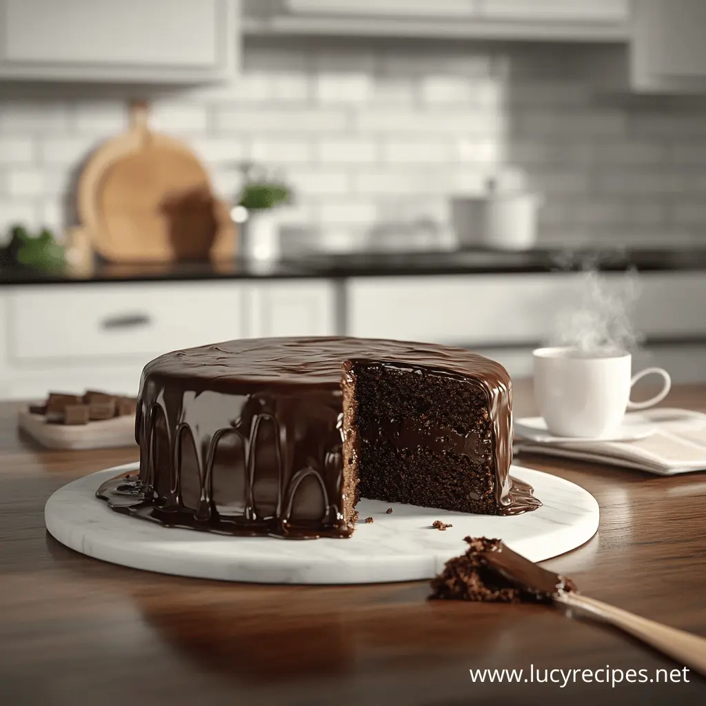 A decadent chocolate fudge cake with a glossy chocolate ganache dripping down the sides, placed on a marble board with a slice removed.