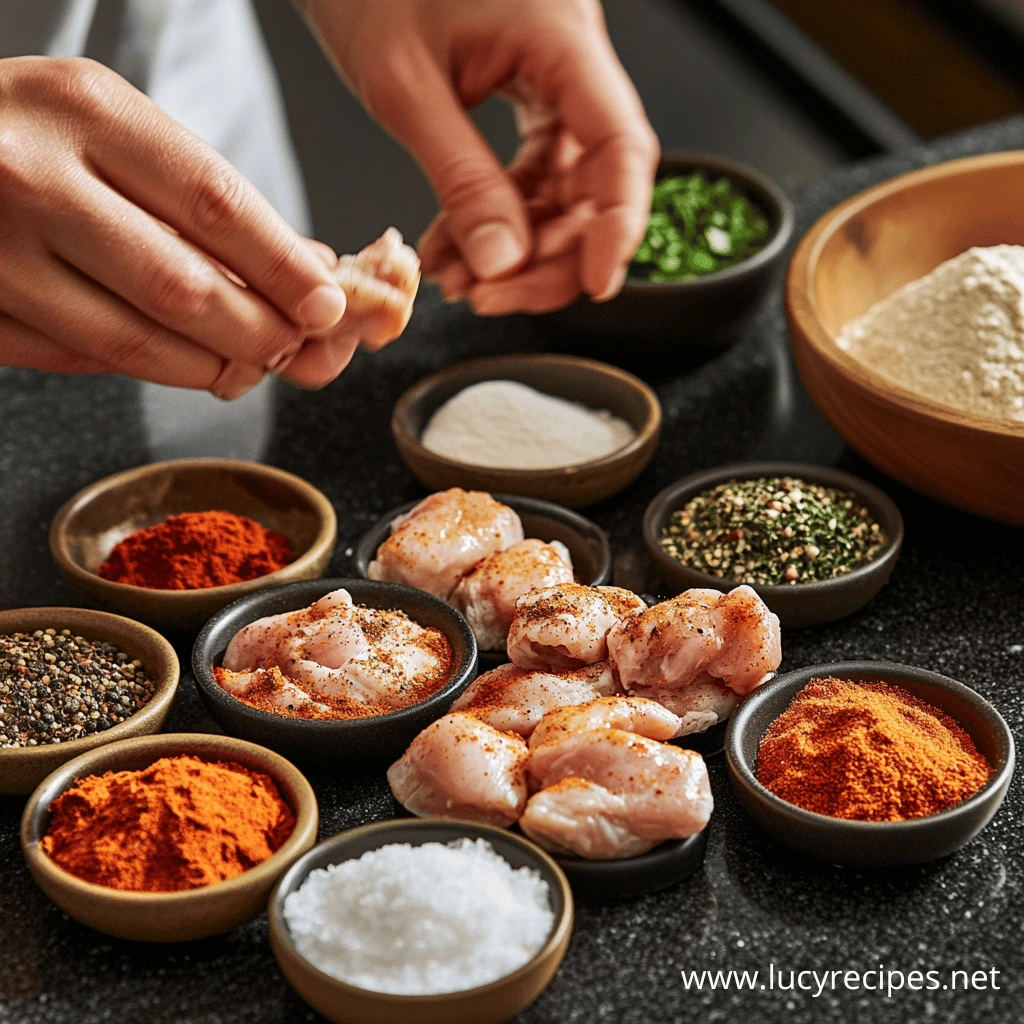 Crispy Chicken preparation with raw chicken pieces being seasoned with various spices, herbs, salt, and flour, arranged in small bowls on a dark kitchen countertop.