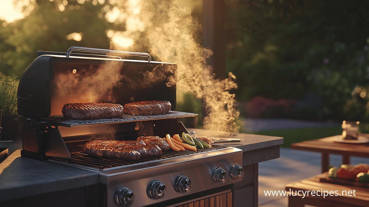 Can Traeger be used as a regular grill? A sizzling Traeger grill loaded with juicy steaks, sausages, and colorful grilled vegetables in a cozy backyard setting during sunset.