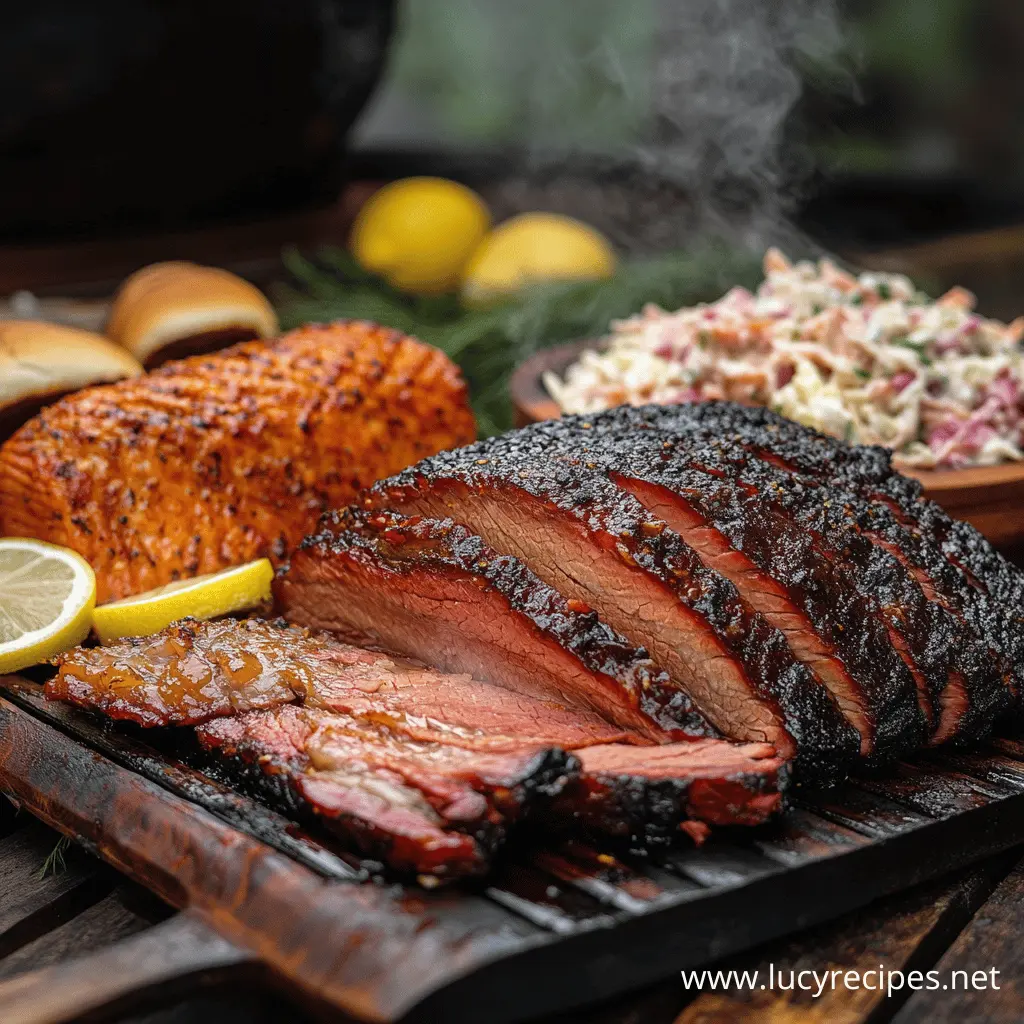 Perfectly smoked brisket with a caramelized crust, served with grilled salmon and creamy coleslaw. Discover more Traeger recipes at Lucy Recipes