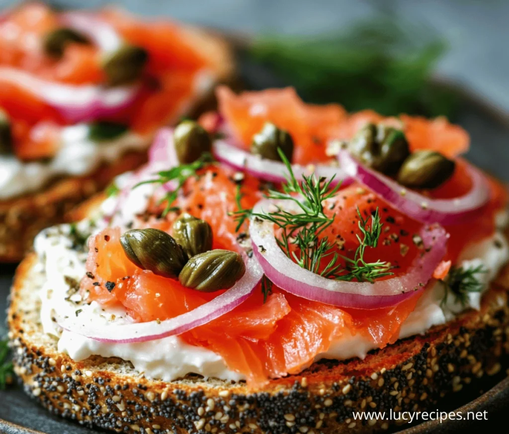 A close-up of toasted seeded bread topped with cream cheese, smoked salmon, red onion, capers, and fresh dill. Does cream cheese taste good on a bagel?