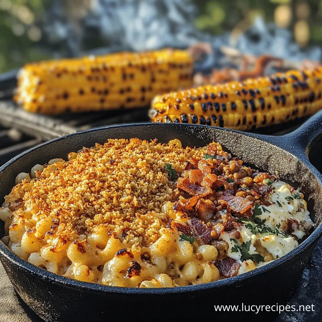 Creamy mac and cheese with crispy bacon and golden breadcrumbs, served in a cast-iron skillet alongside grilled corn. Try this delicious Traeger recipe from Lucy Recipes.