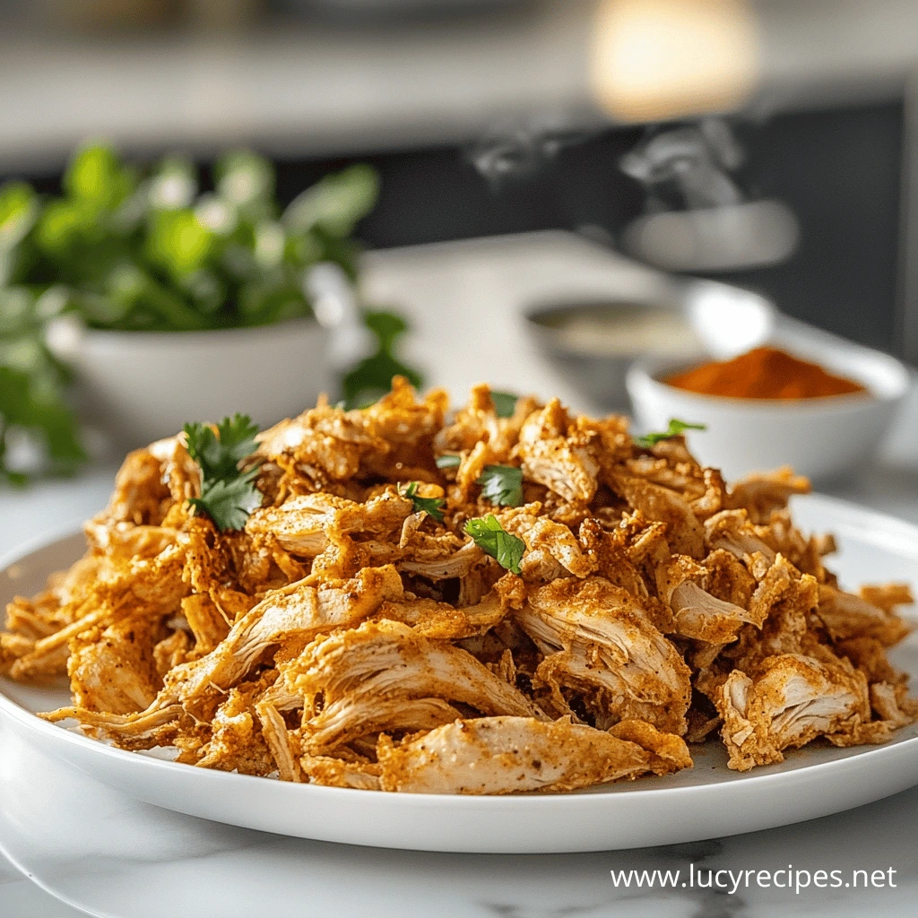 Plate of crispy shredded chicken seasoned with spices and garnished with fresh herbs, served on a white dish with steam rising.