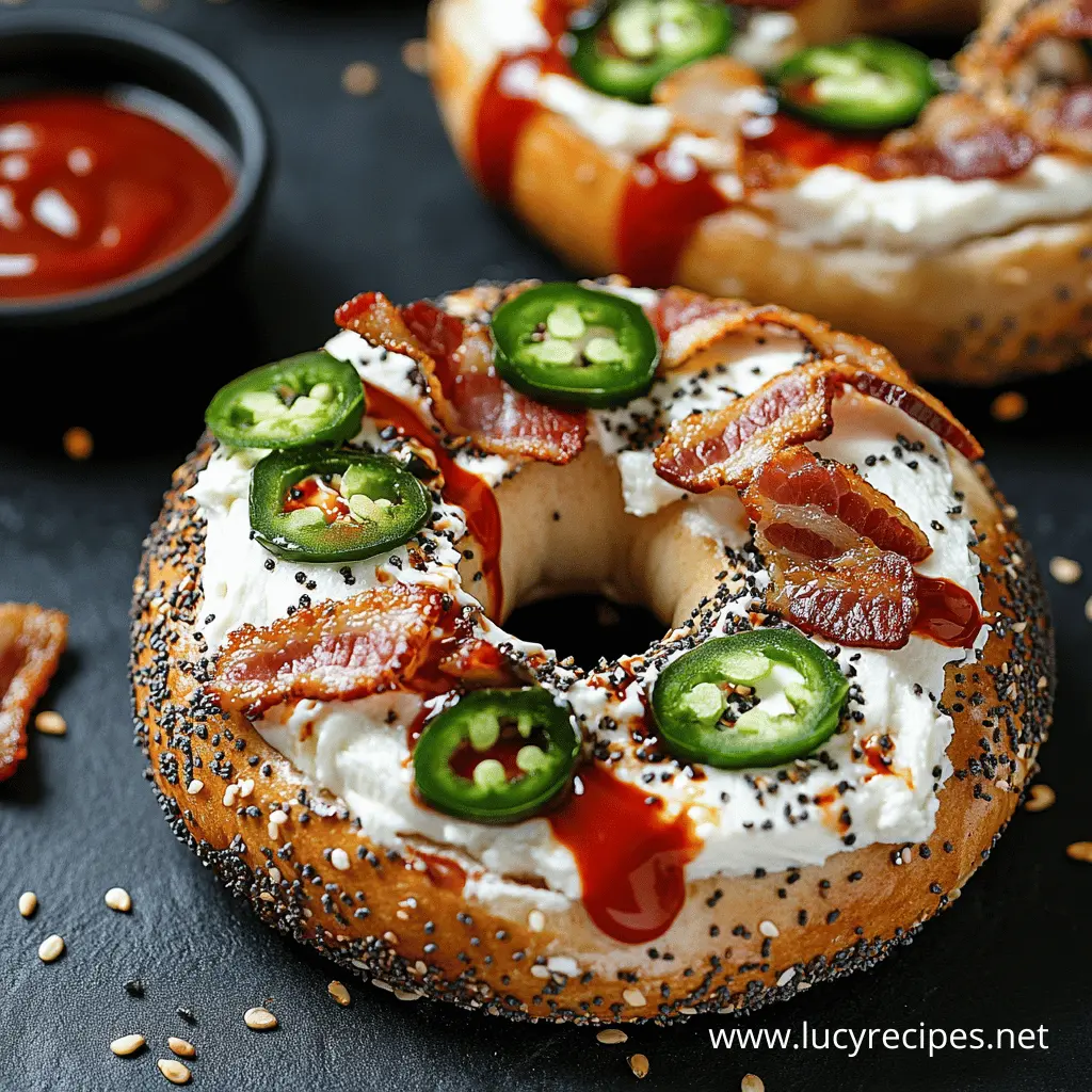 A toasted everything bagel topped with creamy cream cheese, crispy bacon, fresh jalapeño slices, and drizzled with hot sauce, served on a black slate with sesame seeds and a side of dipping sauce.