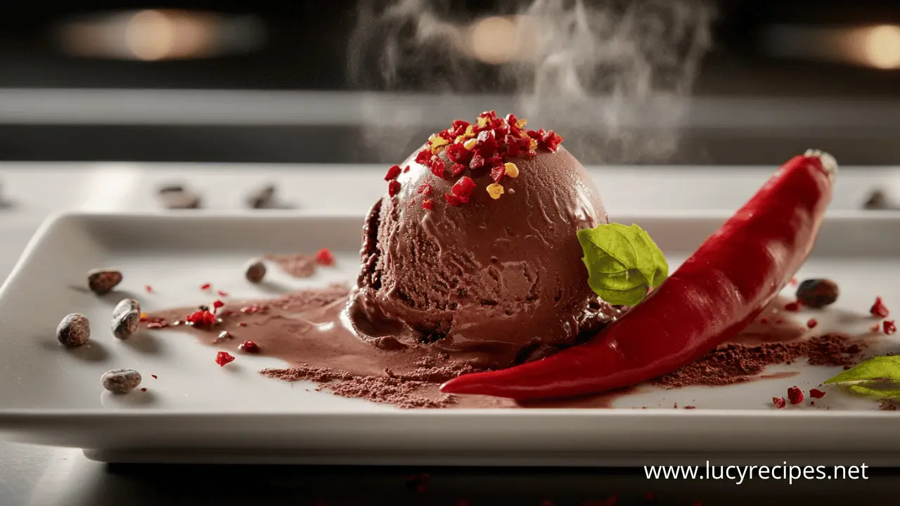 How to make chilli chocolate ice cream? A scoop of rich chocolate ice cream topped with crushed red chili flakes, garnished with a fresh basil leaf, and served alongside a whole red chili pepper on a white plate.