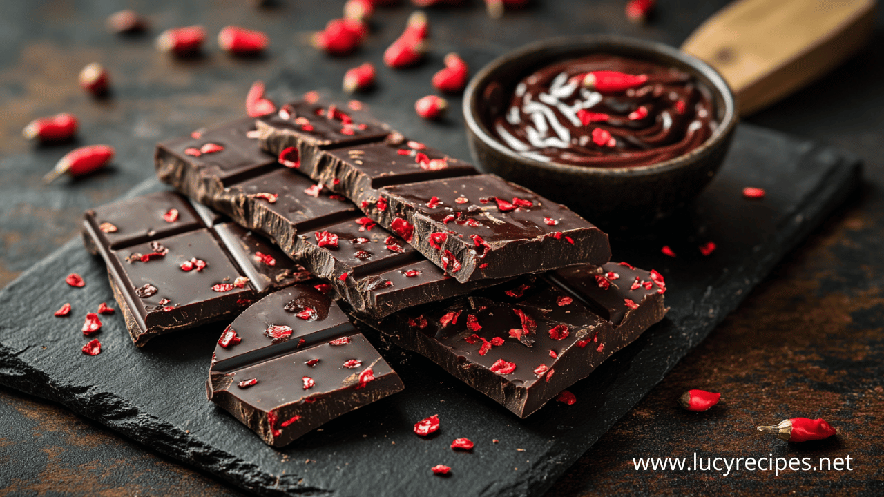 Can you get chilli chocolate? A rich, dark chocolate bar infused with red chilli flakes, served on a black slate board with a bowl of melted chocolate in the background.