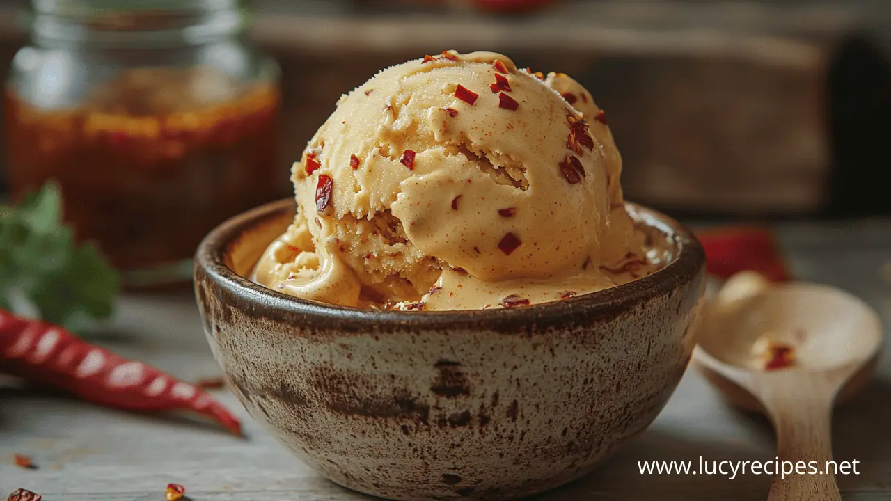 A creamy scoop of homemade chili ice cream in a rustic bowl, garnished with red chili flakes, offering a unique blend of sweetness and heat.