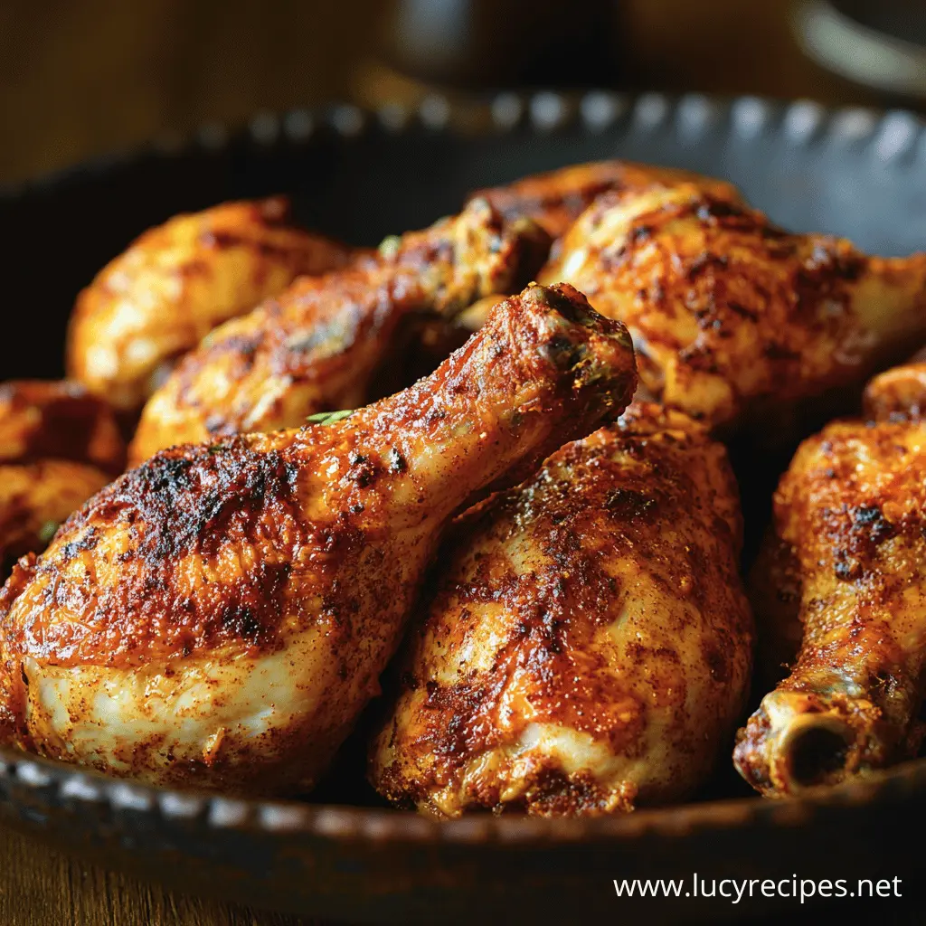 Crispy Chicken Skin on golden-brown, spiced oven-roasted chicken drumsticks served in a rustic black dish.