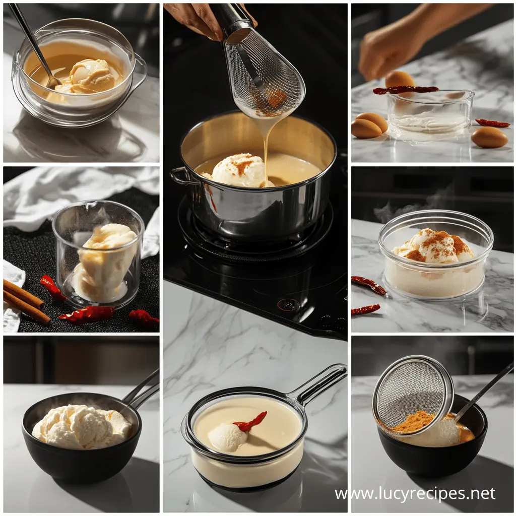 A collage of step-by-step images showing the preparation of chili ice cream, including mixing ingredients, heating the base, straining spices, and serving the final creamy dessert with chili and cinnamon.