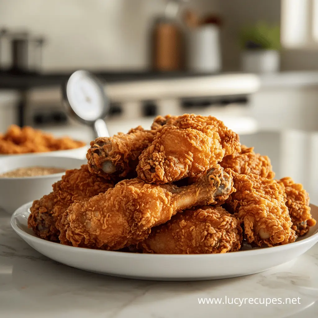 A plate of crispy, golden-brown fried chicken drumsticks showcasing the texture difference in Flour vs Cornstarch for Crispy Chicken. A kitchen thermometer and seasoning bowls are visible in the background.