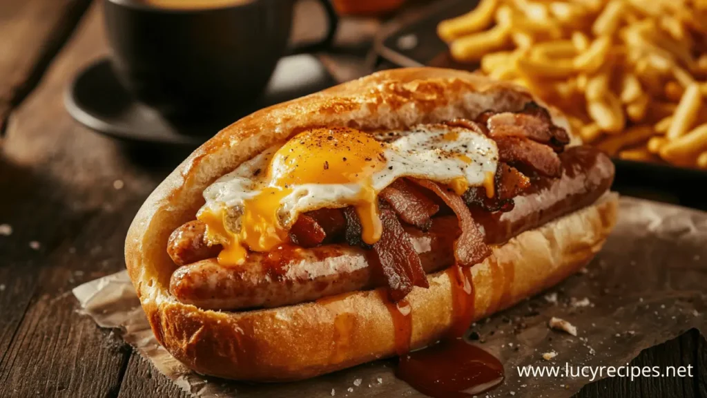 What is on a breakfast roll. This mouthwatering breakfast roll features sizzling sausages, crispy bacon, a perfectly fried egg with a runny yolk, and a drizzle of rich barbecue sauce, all nestled in a fresh crusty roll.