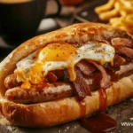 What is on a breakfast roll. This mouthwatering breakfast roll features sizzling sausages, crispy bacon, a perfectly fried egg with a runny yolk, and a drizzle of rich barbecue sauce, all nestled in a fresh crusty roll.