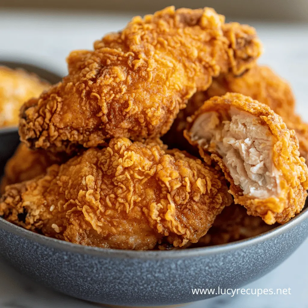 A bowl of crispy, golden fried chicken with a crunchy coating, showcasing the texture difference in Flour vs Cornstarch for Crispy Chicken. One piece is bitten into, revealing the juicy interior.