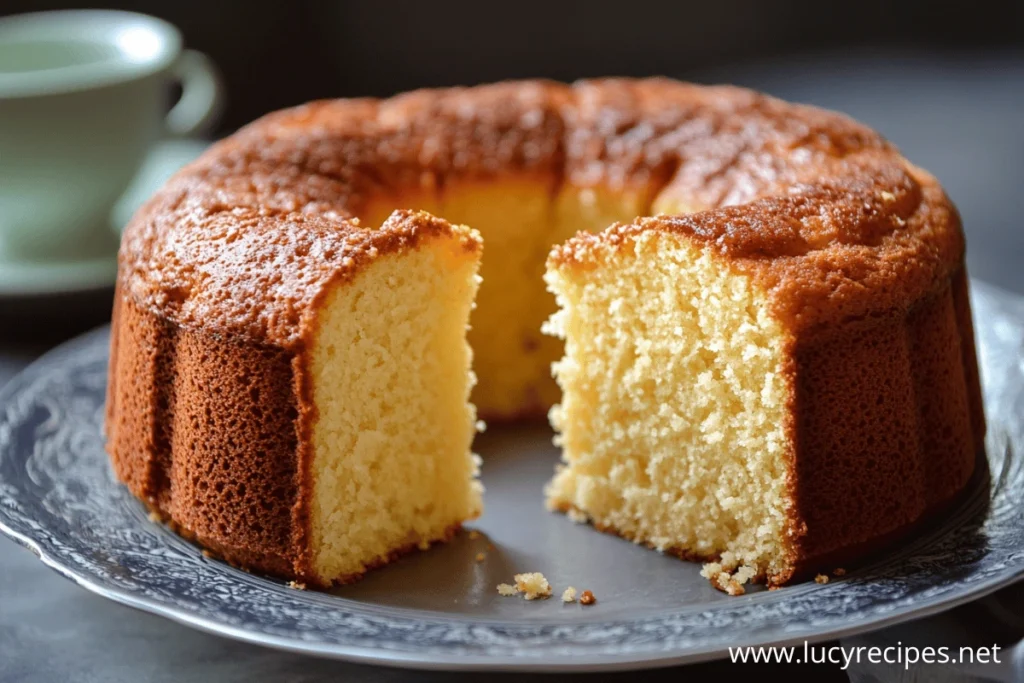 A golden bundt cake with a soft and moist interior, served on a decorative plate with a slice removed