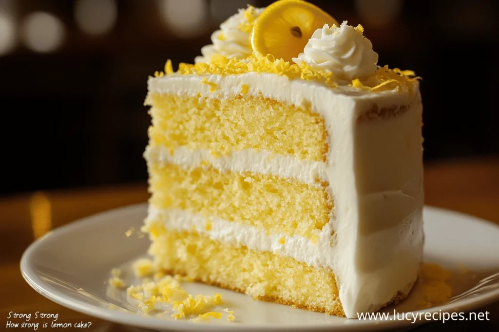 A slice of triple-layer lemon cake with creamy frosting, topped with lemon zest and a decorative lemon slice, served on a white plate.