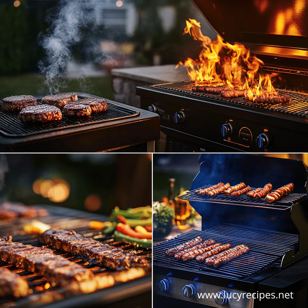 Can Traeger be used as a regular grill? A collection of grilling scenes featuring sizzling steaks, sausages, and ribs cooked over open flames and smoky heat on different grills in a backyard setting.