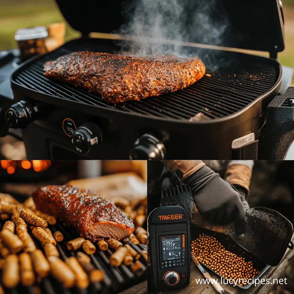 Juicy smoked brisket sizzling on a Traeger grill, paired with wood pellets and precision temperature control. Explore the best Traeger recipes at Lucy Recipes.