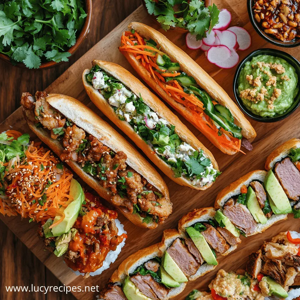 A beautifully arranged wooden board featuring gourmet rolls and sandwiches with fresh ingredients like avocado, carrots, radishes, grilled meat, and crispy chicken. What should I put in a roll? Get inspired by these colorful and delicious creations.