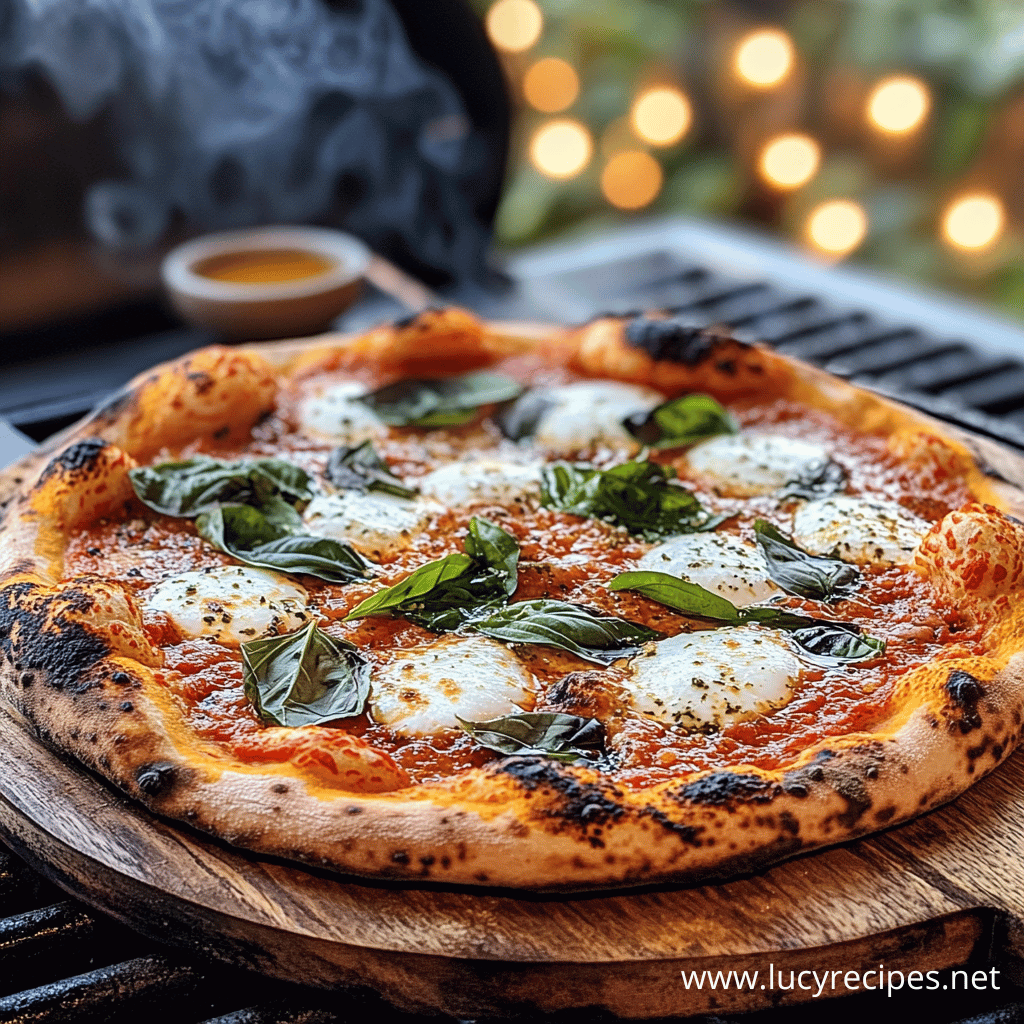 A freshly baked Margherita pizza with a crispy, charred crust, melted mozzarella, vibrant tomato sauce, and fresh basil, cooked on a Traeger grill. What is the best thing to cook on the Traeger?