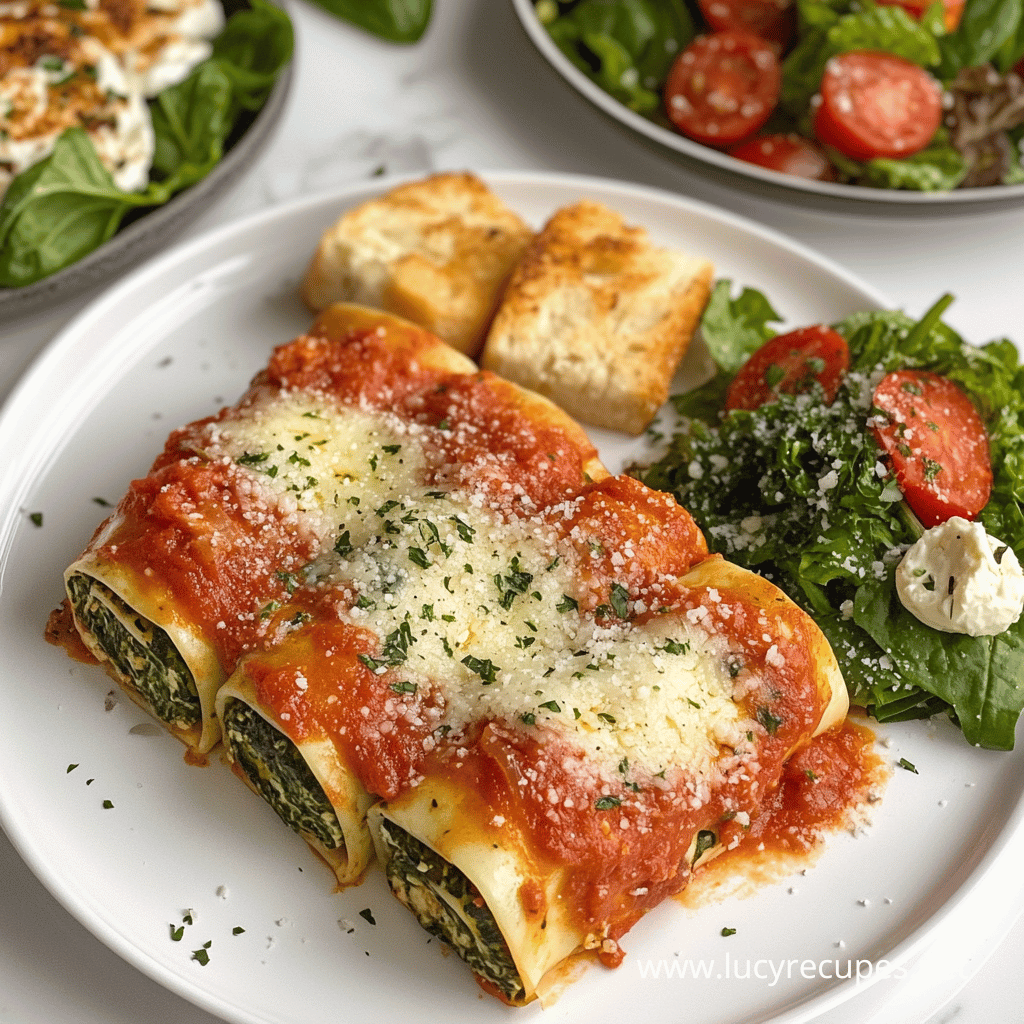 A plate of spinach lasagna roll-ups with melted cheese and marinara sauce, served alongside a fresh spinach and tomato salad with mozzarella and crispy garlic bread