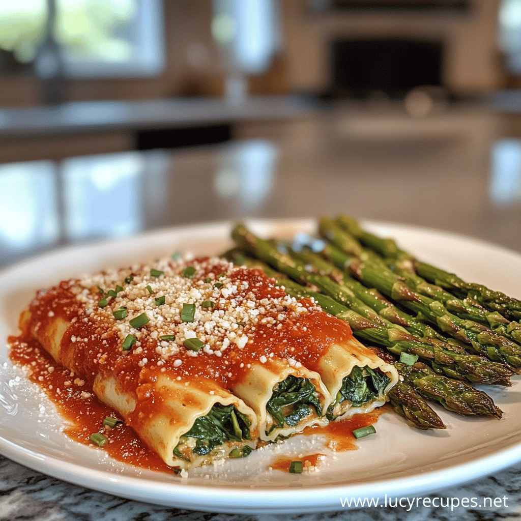 A plate of spinach lasagna roll-ups topped with marinara sauce and parmesan, served with roasted asparagus on a white dish in a cozy kitchen setting