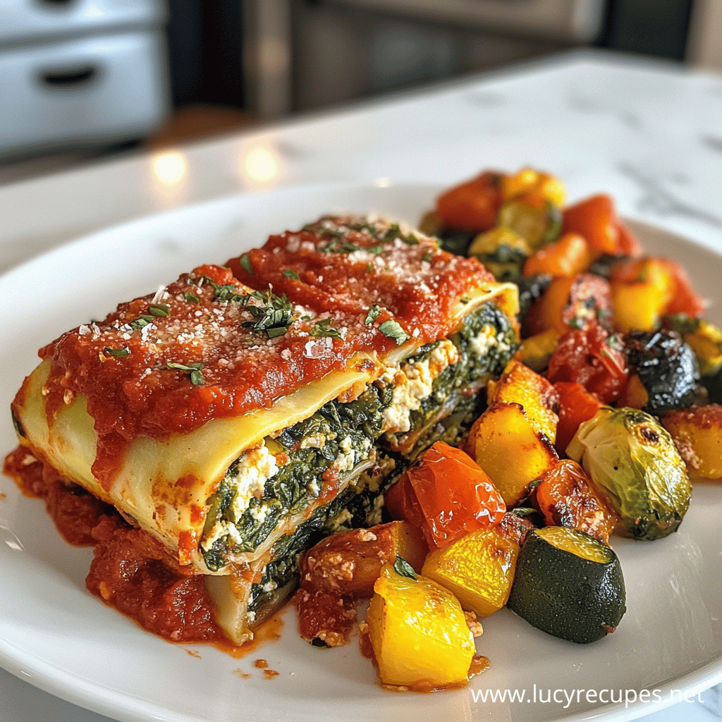 A plate of spinach lasagna roll-ups topped with marinara sauce and parmesan, served with a side of roasted vegetables including zucchini, bell peppers, cherry tomatoes, and Brussels sprouts.