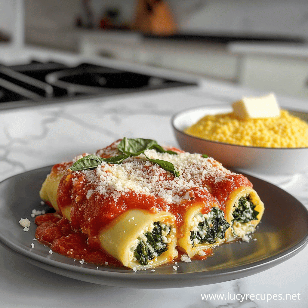 A plate of spinach lasagna roll-ups topped with marinara sauce, parmesan, and fresh basil, served alongside a bowl of buttery couscous on a marble countertop