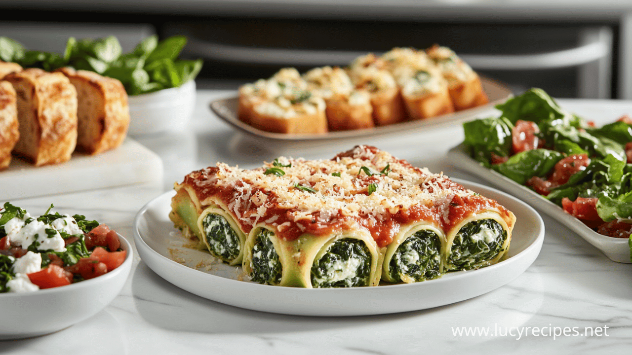 A plate of spinach lasagna roll-ups served with a fresh spinach and tomato salad, bruschetta, and crusty garlic bread on a marble countertop.