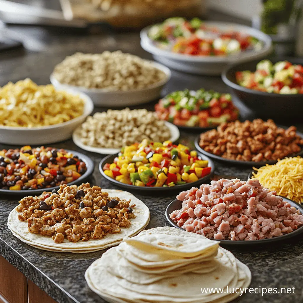 A breakfast burrito bar with tortillas and a variety of fresh ingredients, including scrambled eggs, meats, cheese, beans, and vegetables, set on a kitchen counter