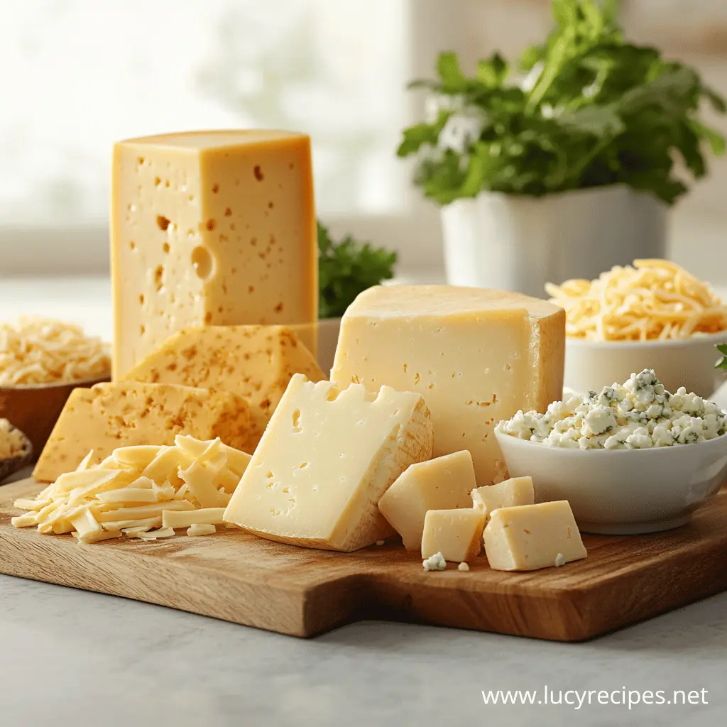 A variety of cheeses, including blocks, shredded, and crumbled options, arranged on a wooden board with fresh herbs in the background