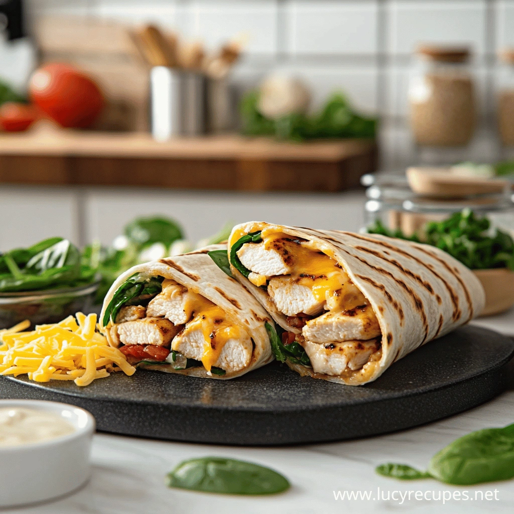 A plate of cheesy chicken garlic wraps filled with juicy chicken, melted cheese, fresh greens, and tomatoes, served with seasoned fries, a creamy dip, and fresh vegetable salads in the background.