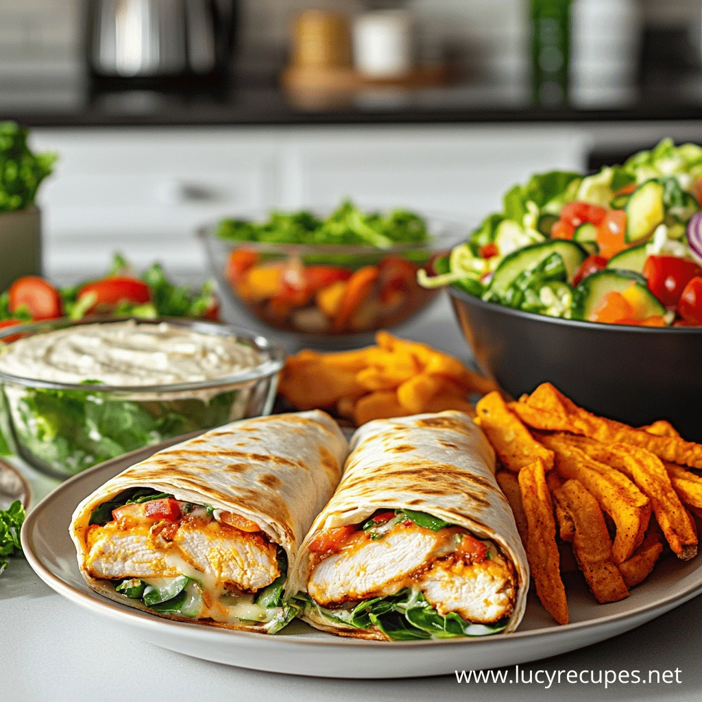 A plate of cheesy chicken garlic wraps filled with juicy chicken, melted cheese, fresh greens, and tomatoes, served with seasoned fries, a creamy dip, and fresh vegetable salads in the background.